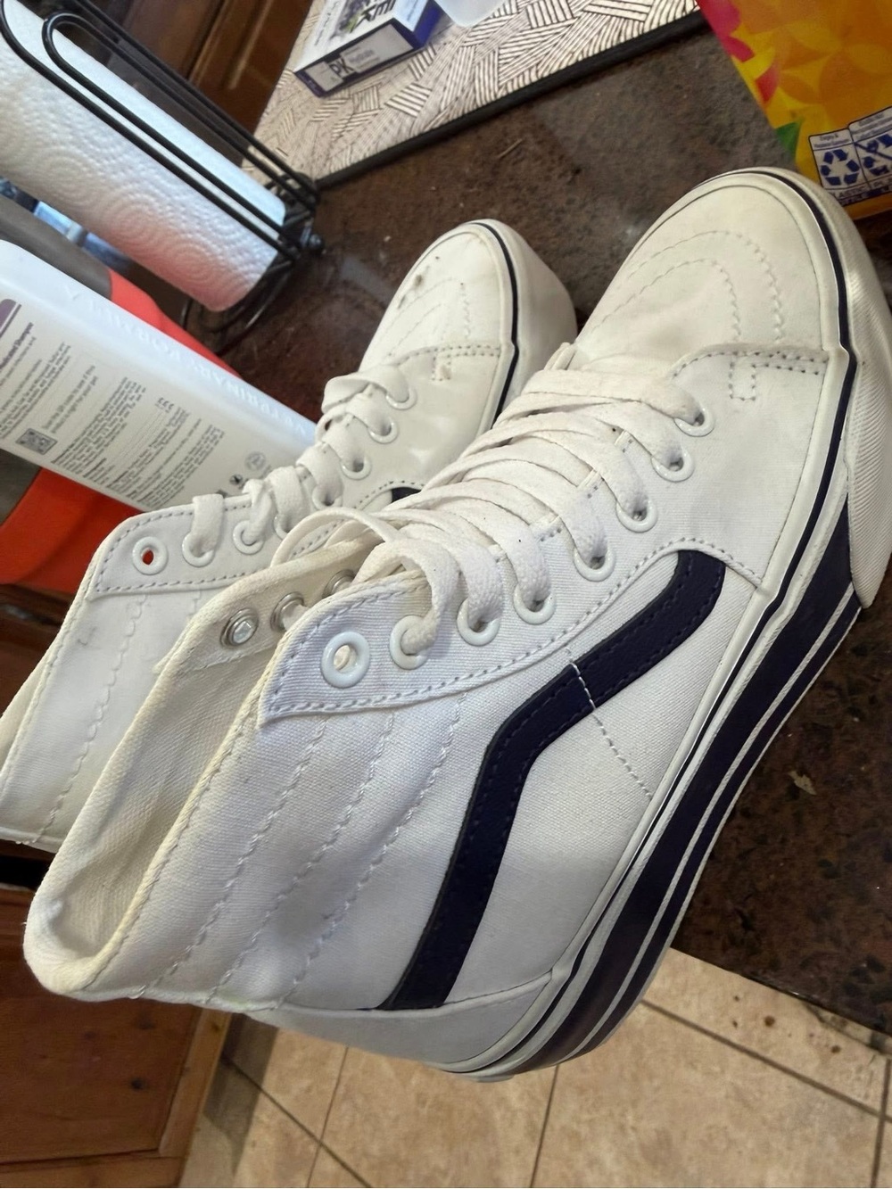 Vans White High-Top Sneakers with Navy Side Stripe